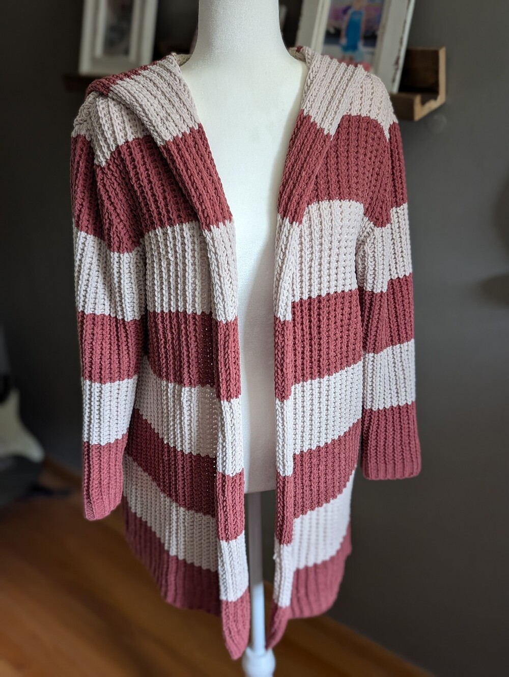 POL Striped Chenille Knit Hooded Cardigan Sweater Cozy Cabin Fall Small